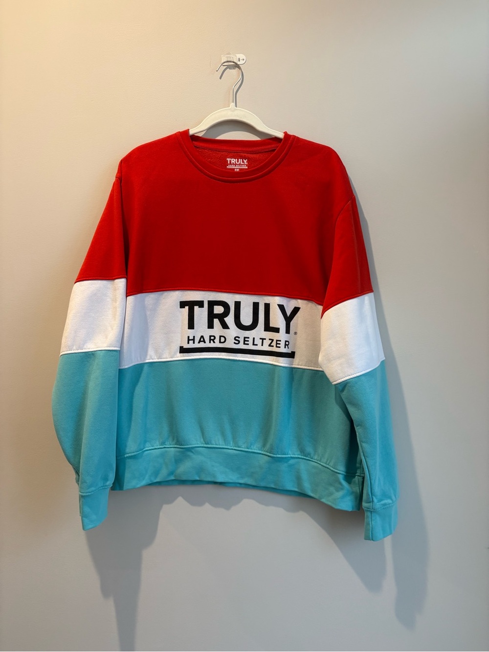 TRULY Red, White & Aqua Colorblock Crewneck Sweater
